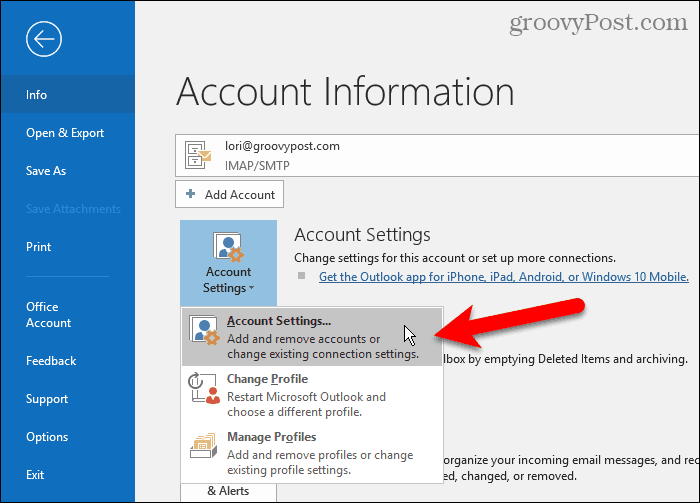 V aplikaci Outlook vyberte Nastavení účtu