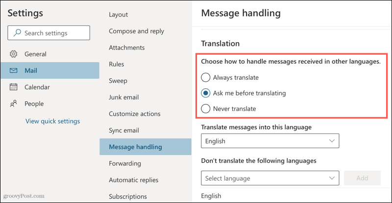 Nastavení překladu v Outlooku online