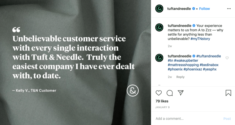 grafika nabídky zákazníků z účtu Instagramu Tuft a Needle