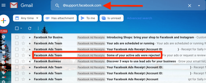 příklad filtru v Gmailu pro @ support.facebook.com k izolaci všech e-mailových upozornění na facebookové reklamy