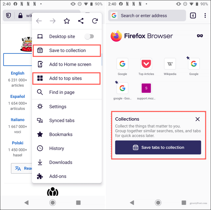Domovská stránka Firefoxu pro Android
