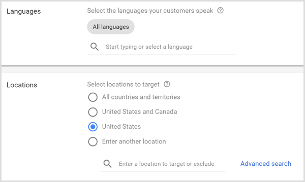 Nastavení jazyků a umístění pro kampaň Google AdWords.
