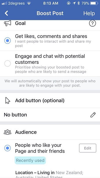 Facebook se nyní ptá, jaké jsou cíle marketingových pracovníků, když podpoří příspěvek.