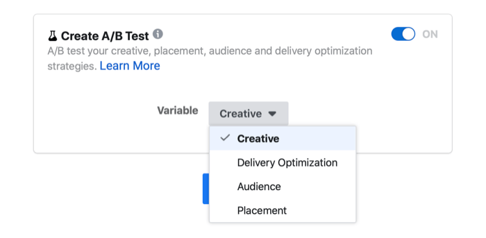 Nastavení testování reklamy na Facebooku a / b zobrazující variabilní možnosti kreativy, optimalizace zobrazování, publika a umístění