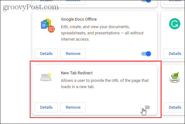 Zakažte rozšíření New Tab Redirect v Chrome