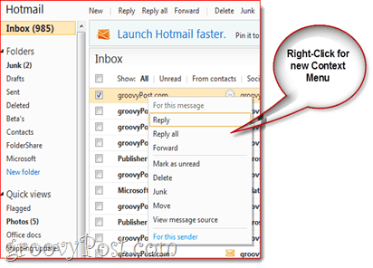 Kontextová nabídka Hotmail New pravým tlačítkem myši