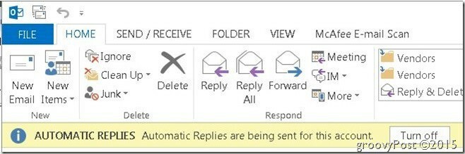 Automatické odpovědi aplikace Outlook Vpravo nahoře