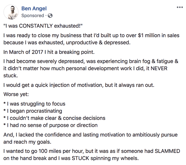 Jak psát a strukturovat textové příspěvky sponzorované Facebookem v delší formě, krok 1, příklady prohlášení o příběhu Ben Angel