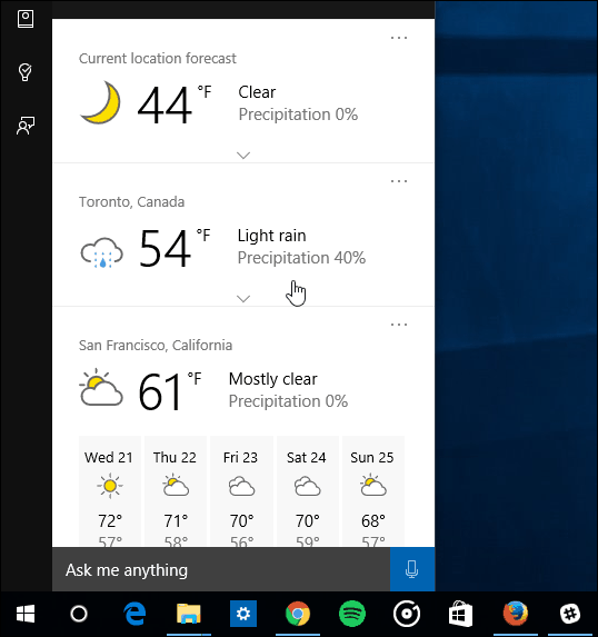 více měst Cortana Počasí