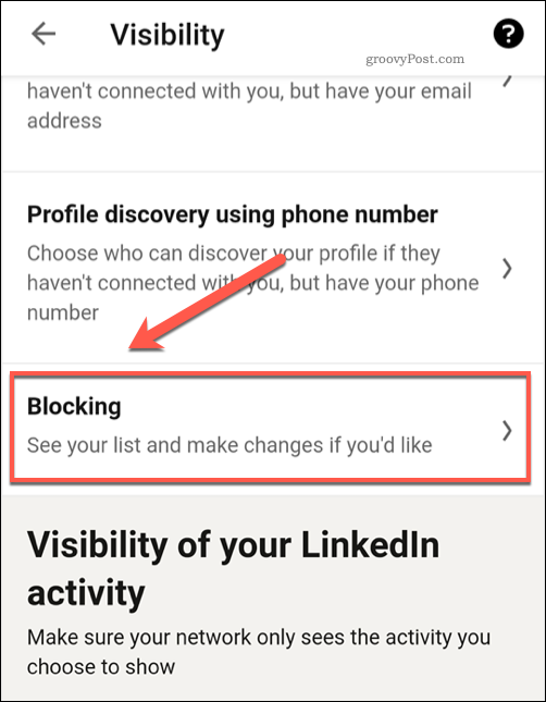 Nabídka nastavení blokovaného uživatele LinkedIn
