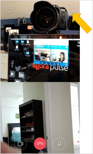 Klepnutím na ikonu dvojité šipky v pravém horním rohu obrazovky můžete kdykoli během živého videochatu Instagram přepnout na zadní kameru.