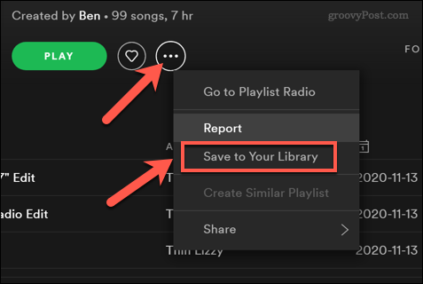 Uložení seznamu skladeb Spotify do uživatelské knihovny