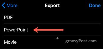 Export z aplikace Keynote do aplikace PowerPoint na iOS