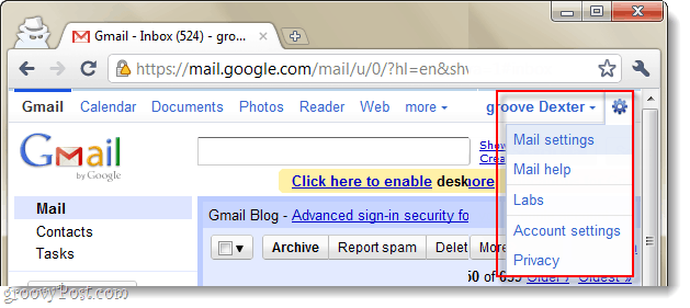 rozbalovací nabídka nastavení Gmailu