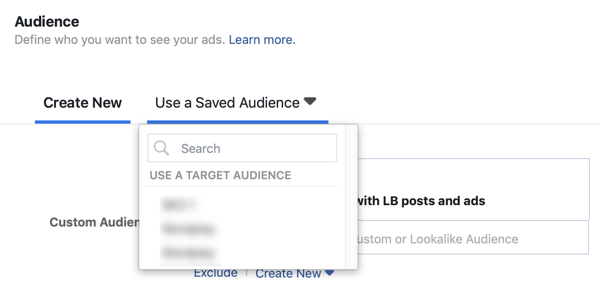 Možnost použít uložené publikum pro hlavní reklamní kampaň na Facebooku.