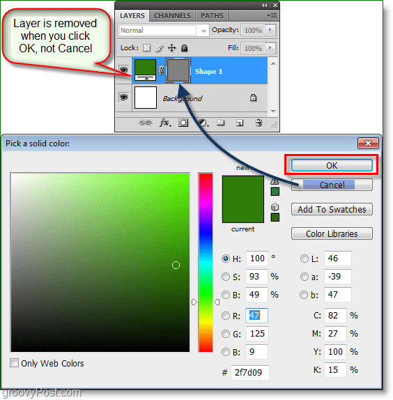 Snímek obrazovky aplikace Photoshop Color Picker - pokud to funguje, můžete nyní ve Photoshopu používat klávesové zkratky pro výběr barvy