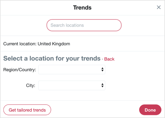 S trendy na Twitteru vyberte zemi a město, na které se chcete zaměřit.