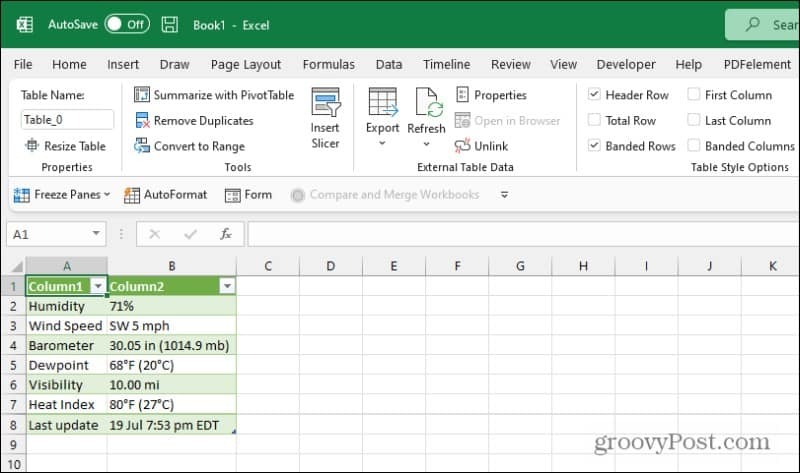 Excel výsledky webových dotazů