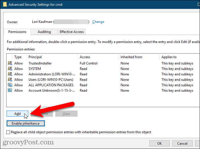 Klepněte na Přidat v dialogovém okně Upřesnit nastavení zabezpečení v registru systému Windows