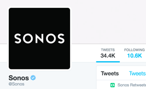 Účet Sonos na Twitteru je ověřen a zobrazuje modrý odznak ověřený na Twitteru.