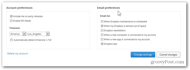 dropbox konfigurovat předvolby e-mailu