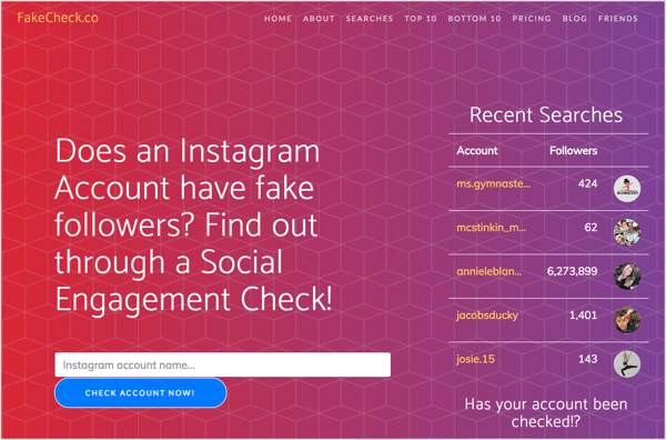 Zkontrolovat falešné Instagram následovníky s FakeCheck.co.