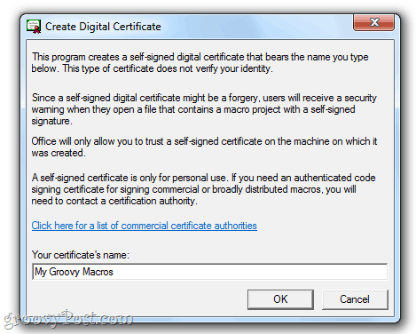 Vytvoření digitálního certifikátu s vlastním podpisem v Office 2010