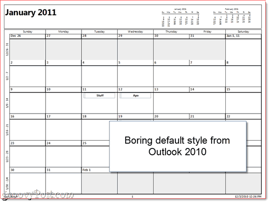 Kalendář tištěný v Outlooku