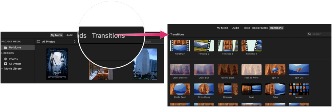 Úpravy videí pomocí iMovie Přechody iMovie