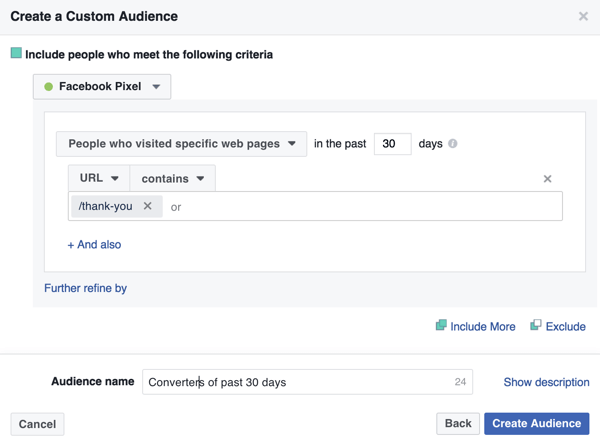 Chcete-li vytvořit vlastní publikum z Facebooku po minulých kupujících, přidejte adresu URL stránky s poděkováním.