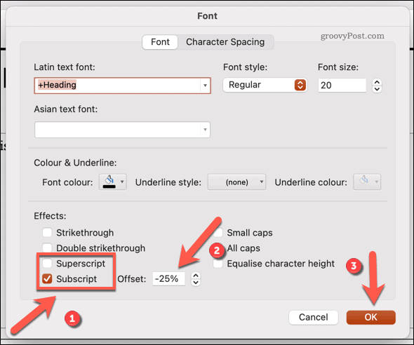 Změna písma na dolní nebo horní index v Powerpointu pro Mac