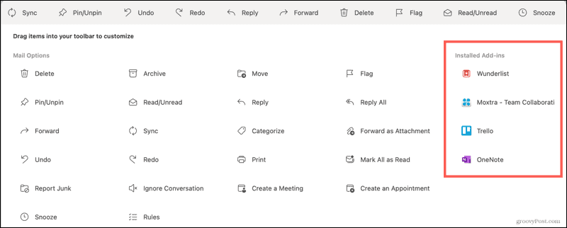 Doplňky nainstalované v aplikaci Outlook