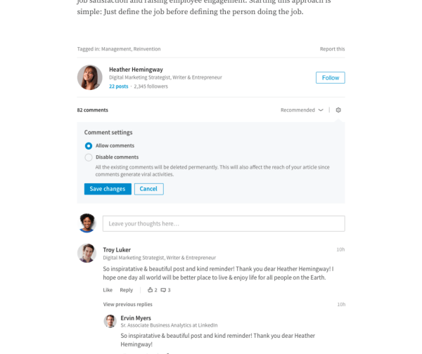 LinkedIn zavedl pro vydavatele možnost přímo spravovat komentáře k jejich dlouholetým článkům.