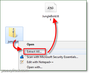 rozbalte zdarma stažené písmo pro použití s ​​Windows 7