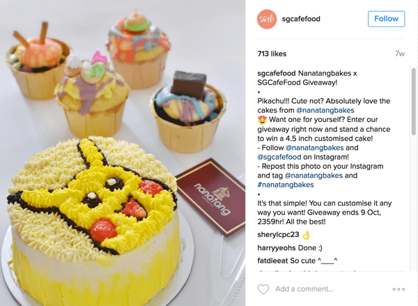 Singapurské Café Food propagovalo dárky Nanatang Bakes prostřednictvím svého účtu Instagram.