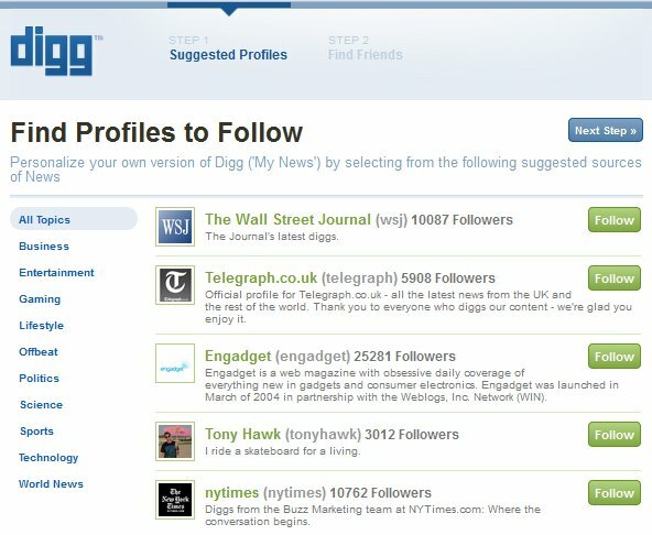 Nové přihlášení Digg - Krok 1 - Najděte profily