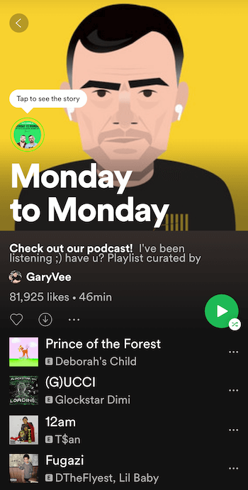 Seznam skladeb Spotify od GaryVee od pondělí do pondělí