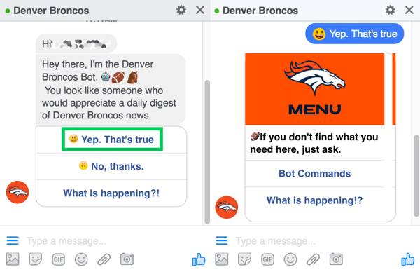 Chatbot Denver Broncos vyzve uživatele, aby se přihlásili ke svému dennímu přehledu.