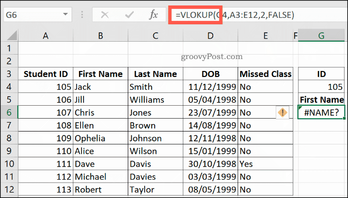 Nesprávný vzorec VLOOKUP v Excelu, který vrací chybu NAME