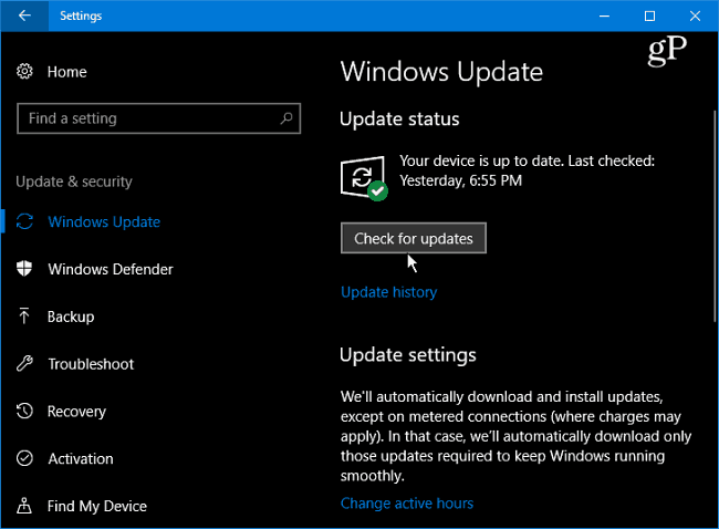 1 Windows 10 Zkontrolujte aktualizace