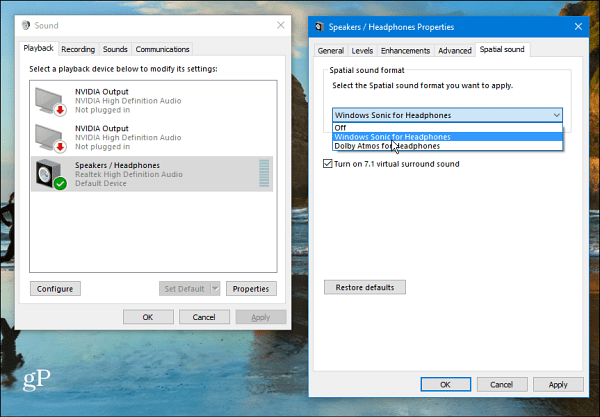 Nastavení prostorového zvuku systému Windows 10