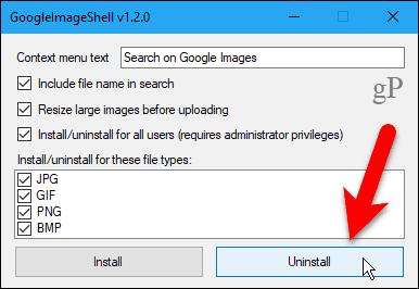 V GoogleImageShell klikněte na Odinstalovat