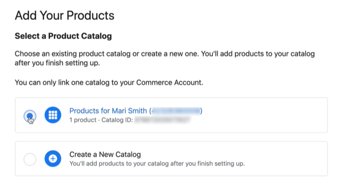 Možnost katalogu produktů facebook pro připojení stávajícího nebo nového katalogu