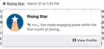 Jak používat funkce skupin na Facebooku, příklad odznaku skupiny Vycházející hvězda