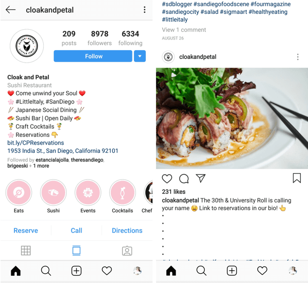 Příspěvek na Instagram s výzvou k akci pro kliknutí na tlačítko @cloakandpetal.