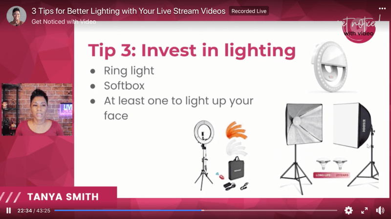 snímek obrazovky s tipy pro osvětlení videa pro vylepšení vysílání v přímém přenosu