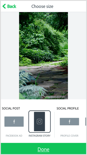 Vyberte velikost pomocí mobilní aplikace Adobe Spark Post.