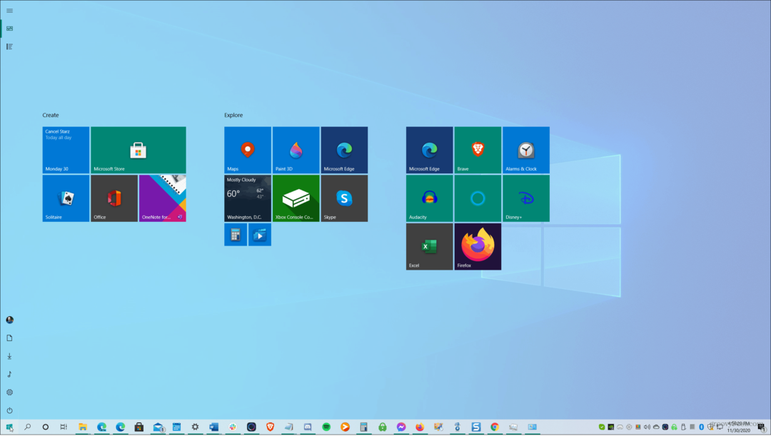 Celá obrazovka Start Menu Windows 10