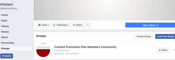 Propojená skupina se zobrazí na kartě Skupiny na vaší stránce na Facebooku.