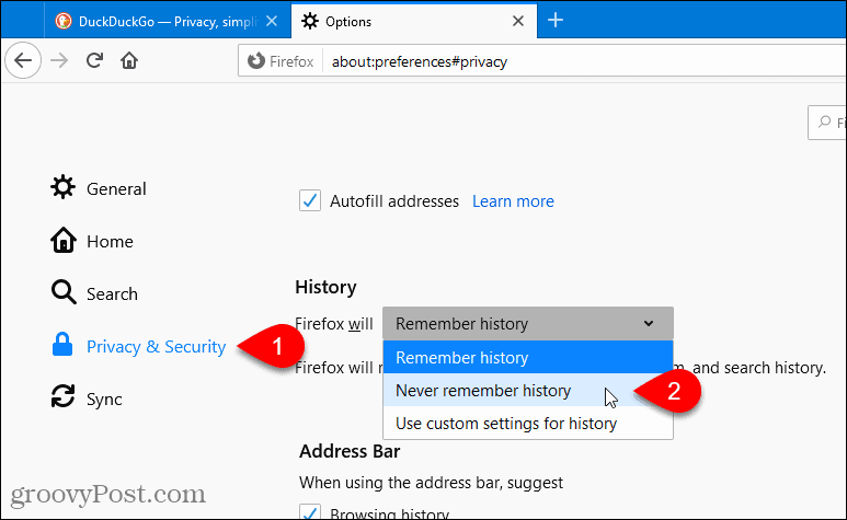 V prohlížeči Firefox vyberte Nikdy si pamatovat historii
